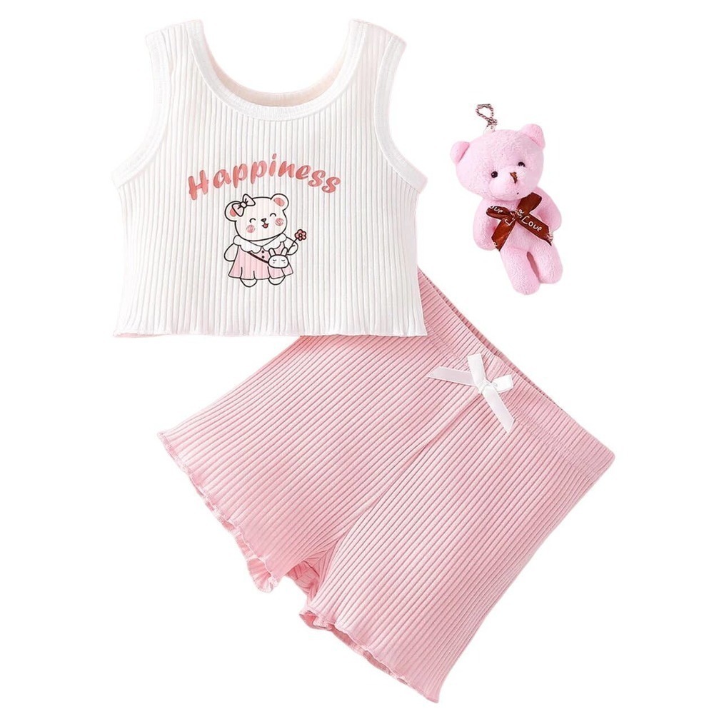 SHEIN Baby Cartoon & Graphic Tank Top & Bow Front Shorts in Pink, Size 2-3Y‌‌